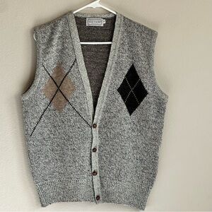 Vintage Stetson‎ Argyle Button Sweater Vest Beige Black Mens XL USA Grandpa Core